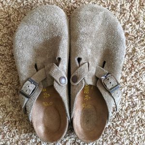 Taupe Suede Birkenstock Boston Clogs